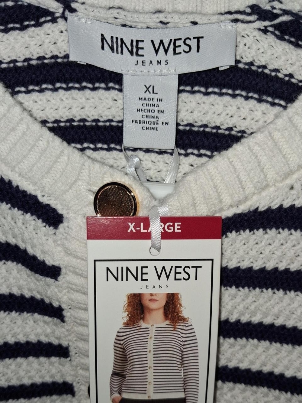 Nine West Navy & White Striped Button-Front Cardigan Sweater - Picture 4 of 4